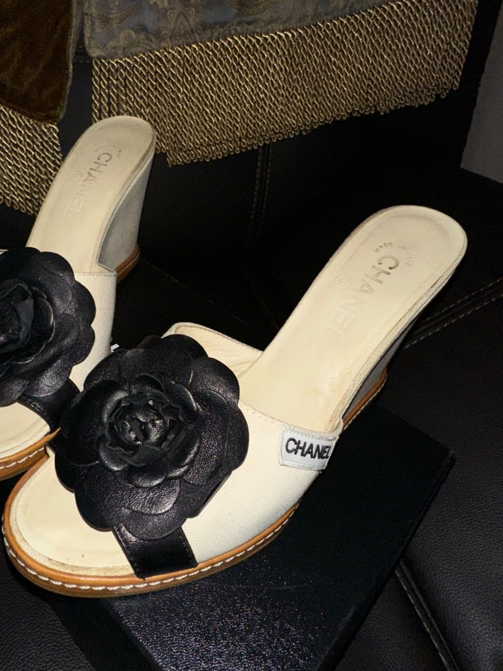 Chanel Women’s Beige Open-Toe Slide Sandals with Black Camellia size 40